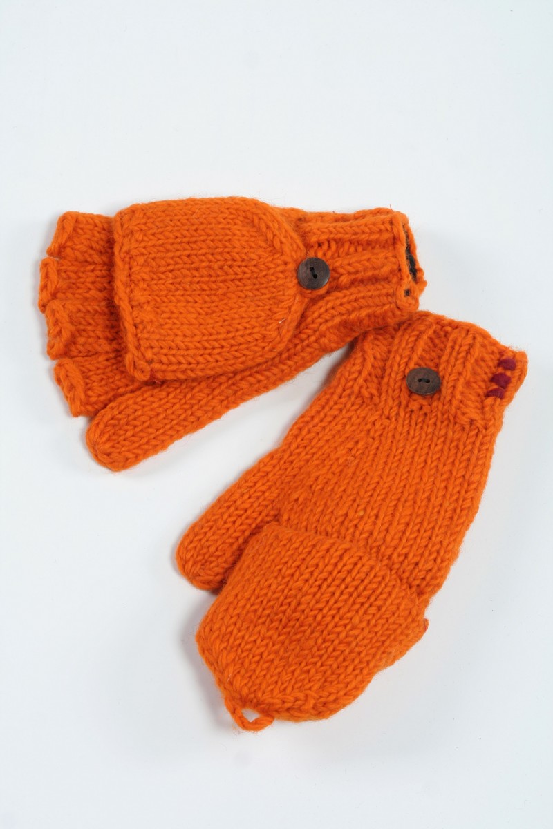 Hand-Knitted Lambswool Cover Mittens – Plain, Fiery Orange
