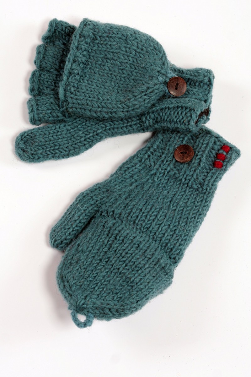 Handgestrickte Klapphandschuhe aus Lammwolle – Uni, Hellpetrol