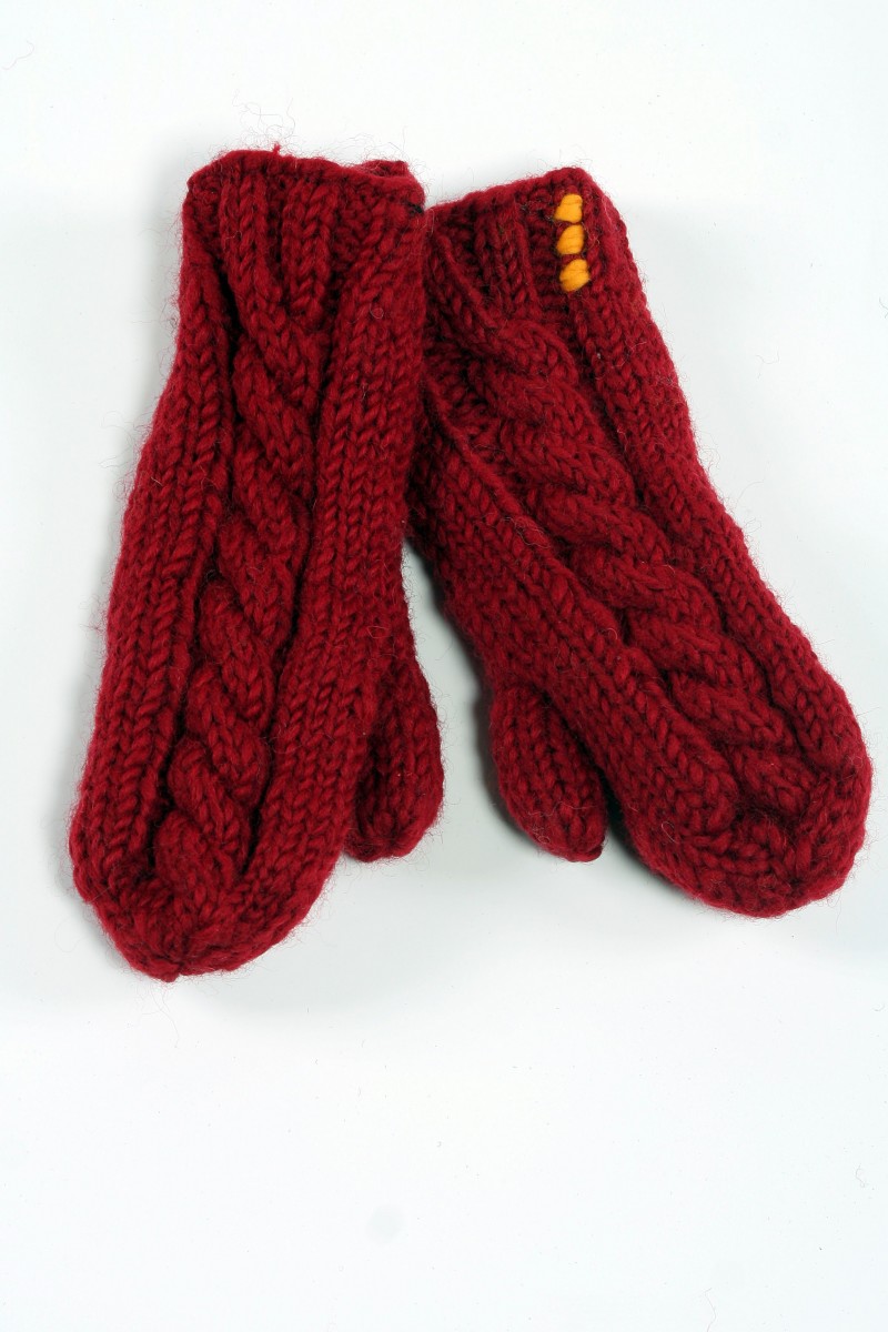 Hand-Knitted Lambswool Mittens – Cable, Red