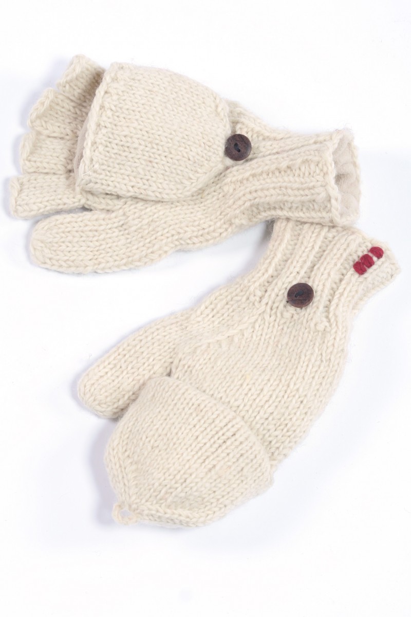Handgestrickte Klapphandschuhe aus Lammwolle – Uni, Weiß