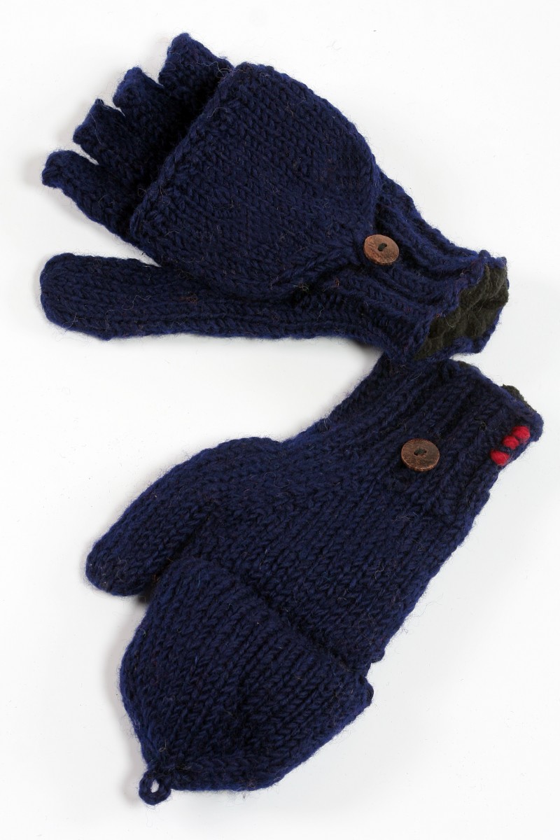 Handgestrickte Klapphandschuhe aus Lammwolle – Uni, Blau