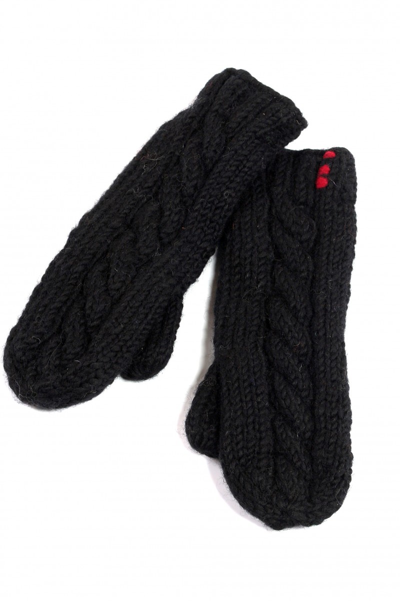Hand-Knitted Lambswool Mittens – Cable, Black