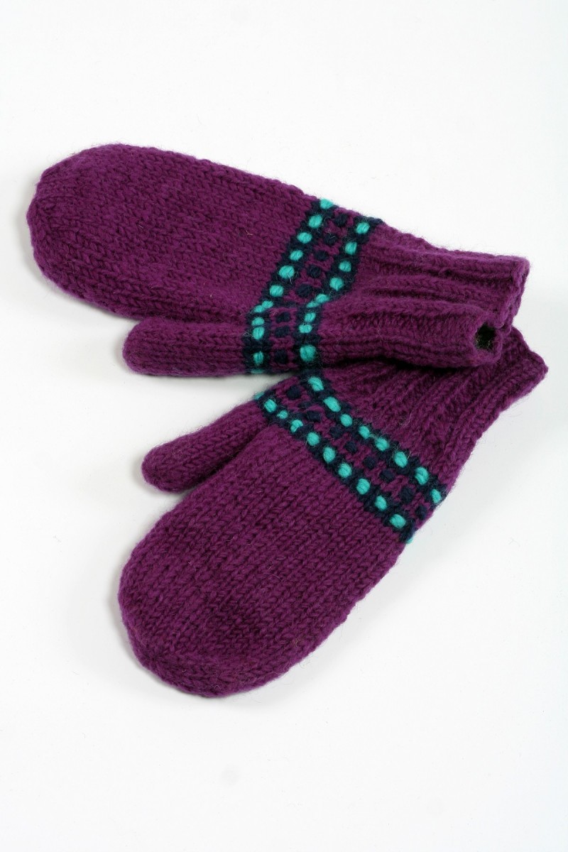 Hand-Knitted Lambswool Mittens – Step, Purple/Turquoise