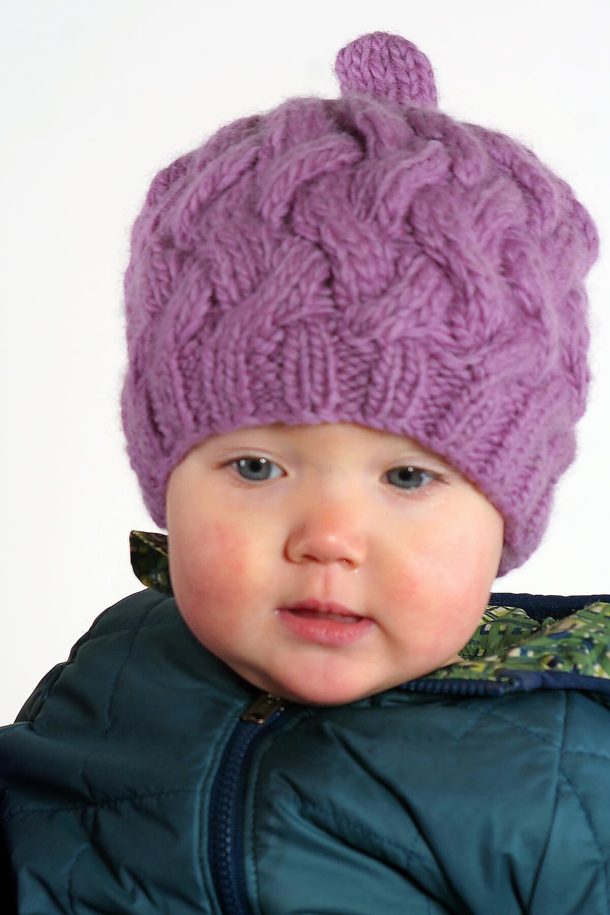 Hand-Knitted Merino Wool Baby Beanie – X Pattern, Lavander