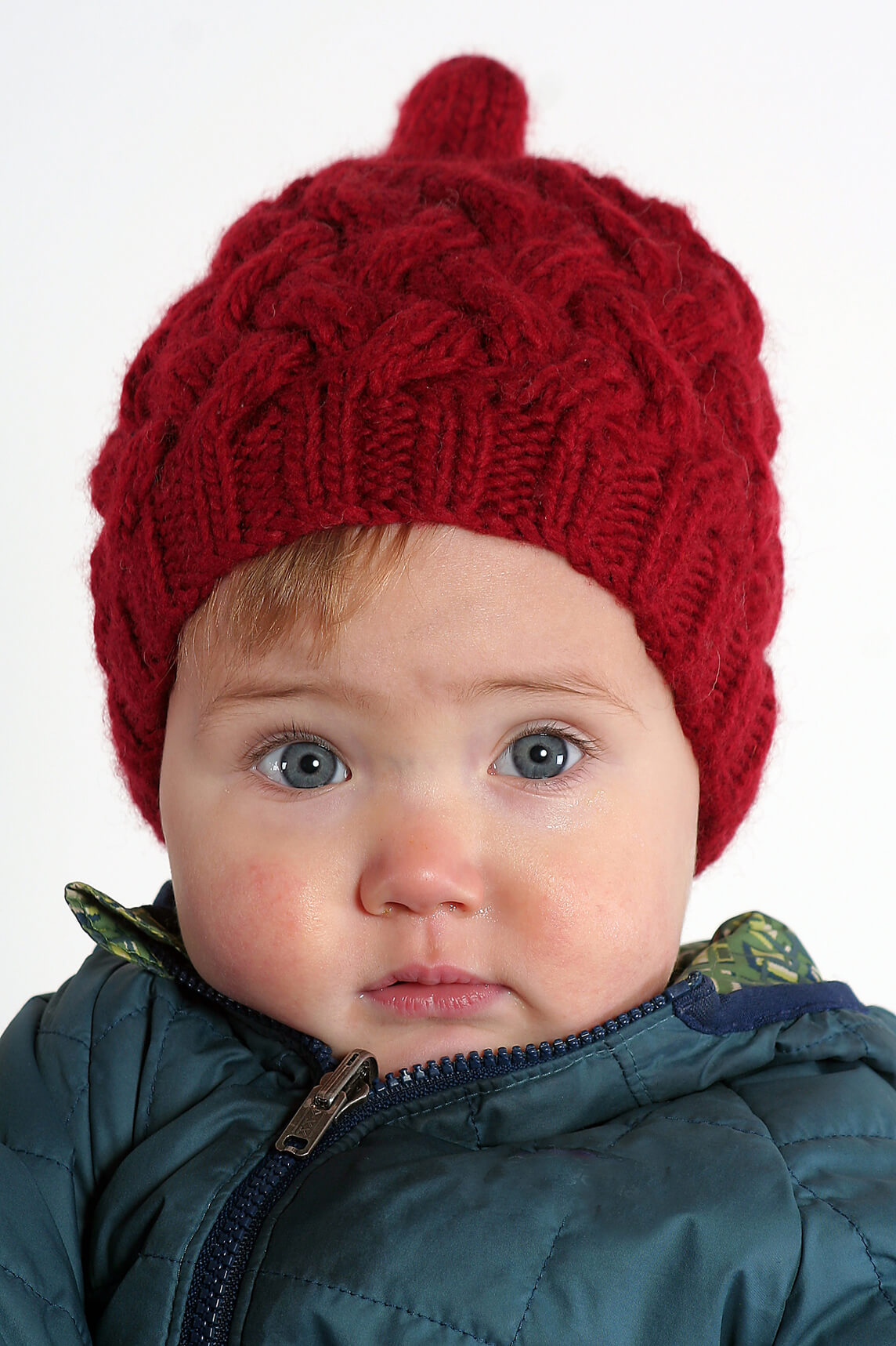 Hand-Knitted Merino Wool Baby Beanie – X Pattern, Red
