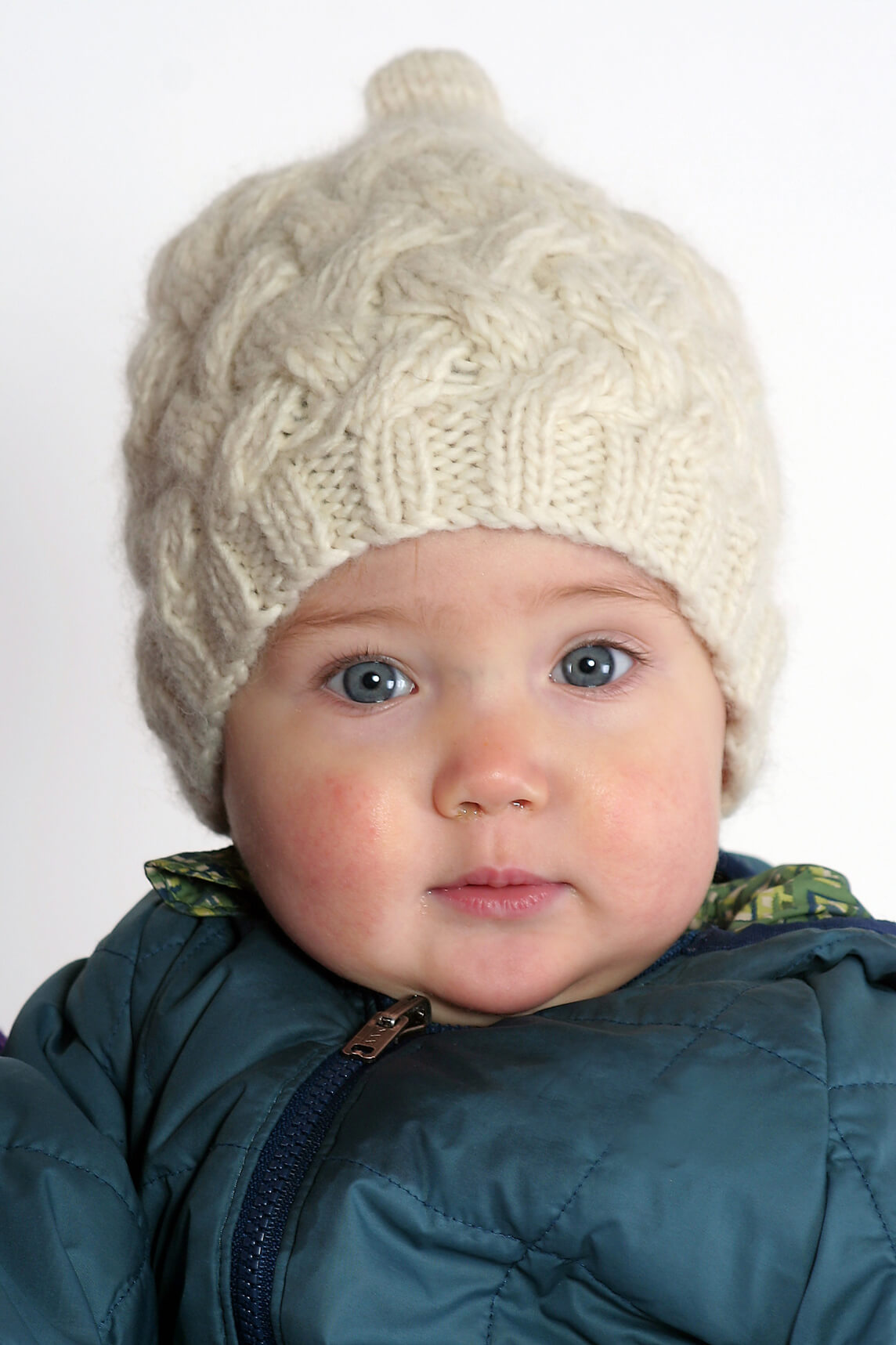 Hand-Knitted Merino Wool Baby Beanie – X Pattern, White