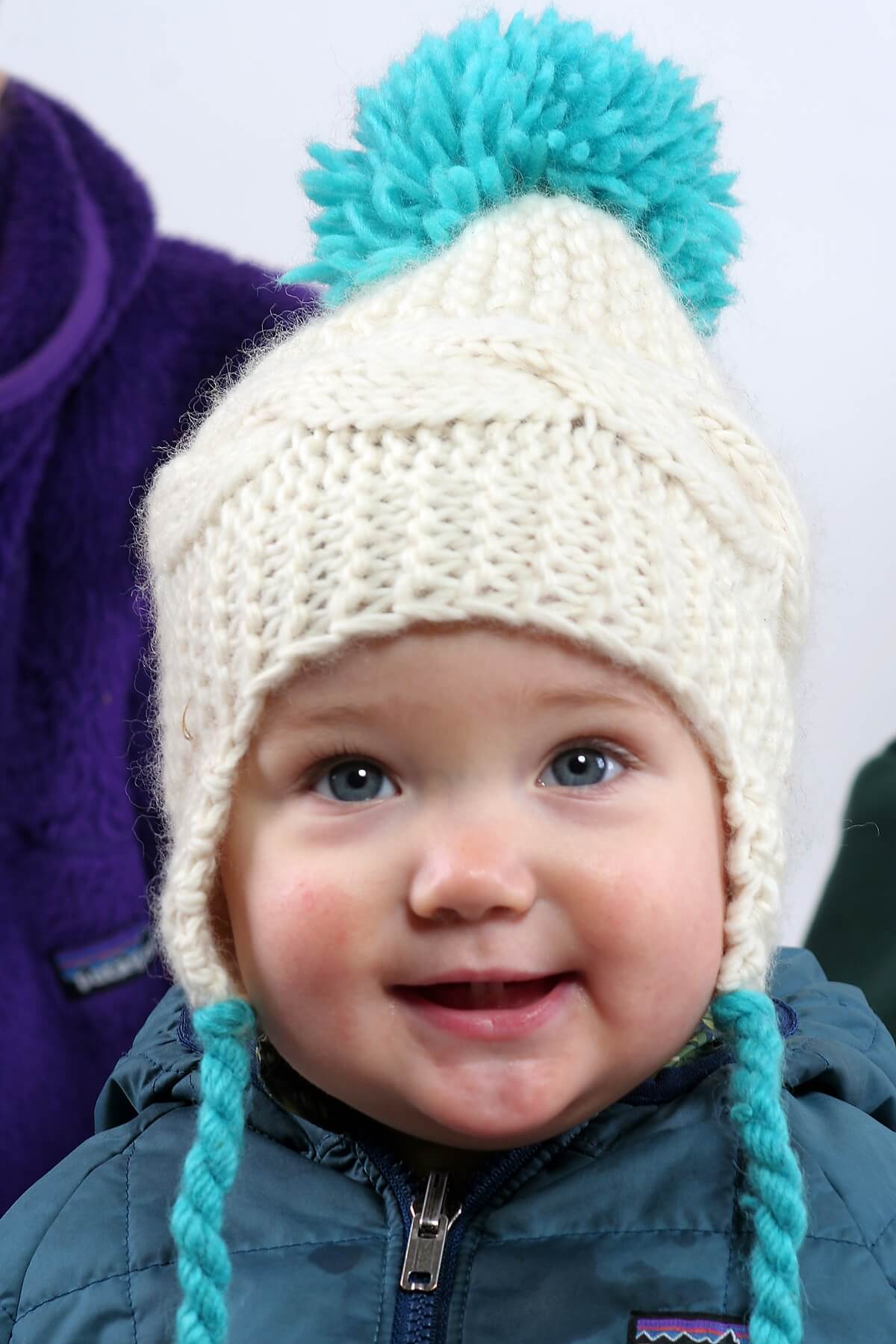 BABY EARFLAP POMPOM MERINO HAT CABLE WHITE TURQUOISE (AF2) - Image 3