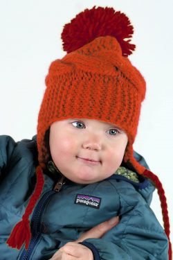 BABY EARFLAP POMPOM MERINO HAT CABLE ORANGE RED (AF4)